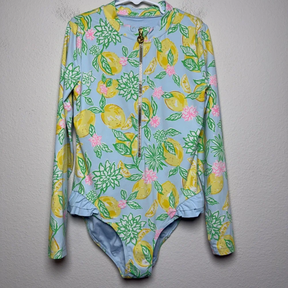 Lilly Pulitzer Girls Denning Rashguard Swimsuit 12 Blue Make Lemonade UPF 50+